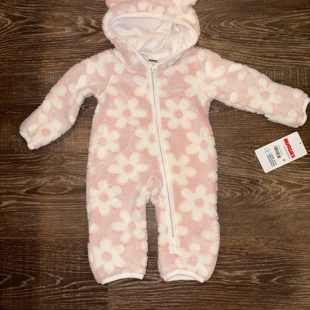 NWT Huggies Pink Floral Plush Baby One-Piece Hooded Suit
